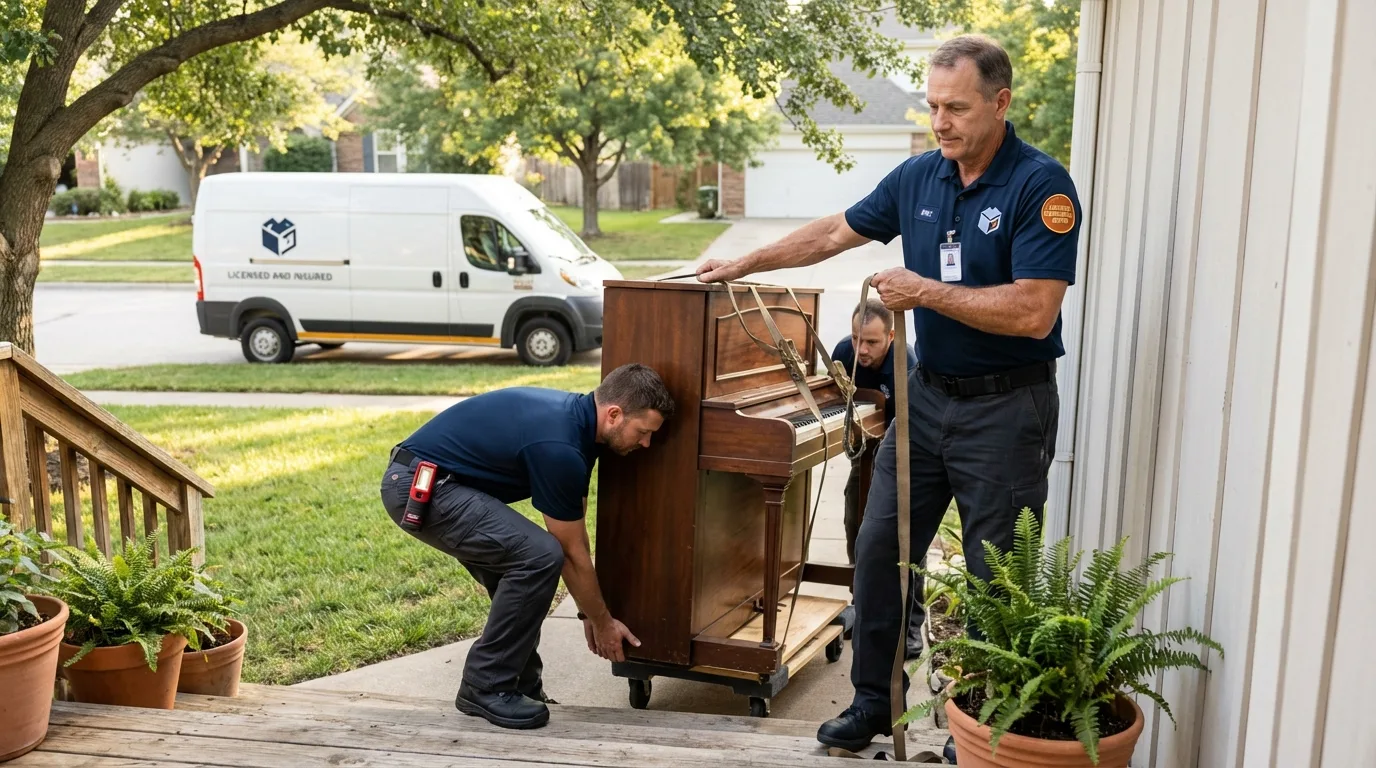 Licensed piano movers securing grand piano in Clinton, WI