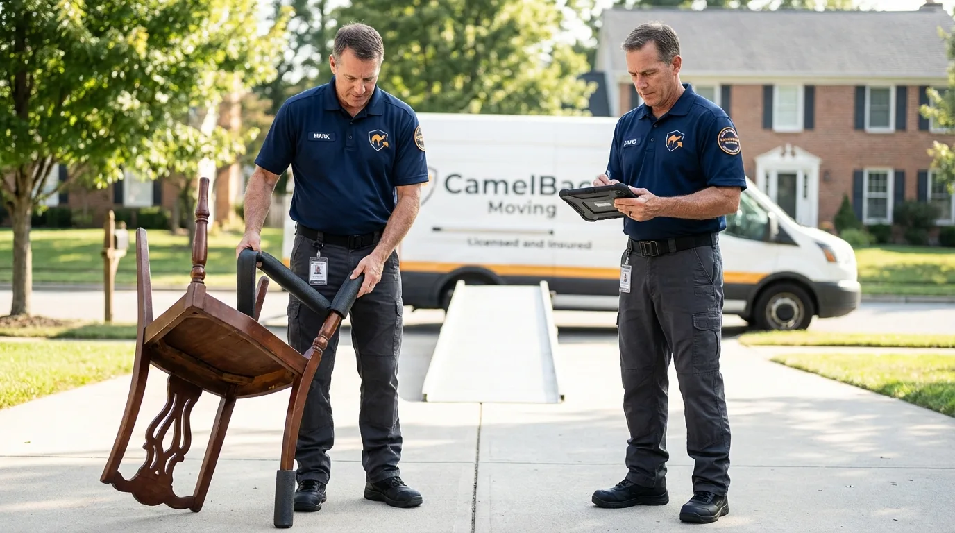 Movers inspecting furniture for damage prevention before loading in Clinton, WI